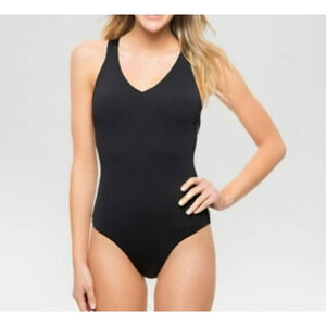 Sunn Lab Swim Black Strappy Back One Piece Swimsuit Plunge Neck Size Medium